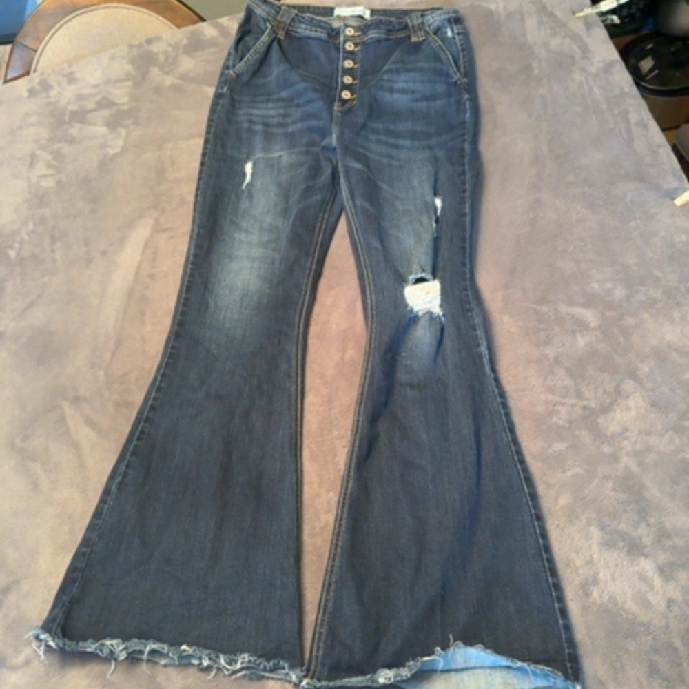 KanCan Jeans Women 13/30 Blue Distressed High Rise Flare Raw Hem